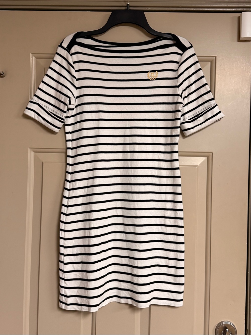 Chaps Women’s Size XS Black & White Striped Tee Dress with Gold Crest